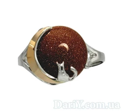 Женское серебряное кольцо с золотой пластиной "Лунный свет" авантюрин золотой песок